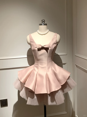 Cute A Line Strap Bow Light Pink Tulle Satin Short Homecoming Dress Cocktail Dress HZ1023